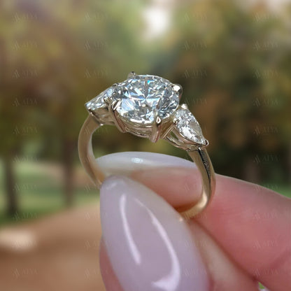 1.75 CT Round Cut IGI Certified Lab Grown Diamond Three Stone Engagement Ring | Side Pear Cut Diamond Triology Ring