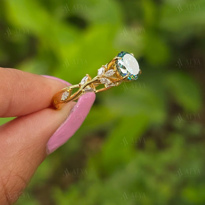 Vintage 2.50 CT Cyne Blue Portuguese Cut Moissanite Engagement Ring Side Marquise Diamond Nature Inspired Moissanite Ring