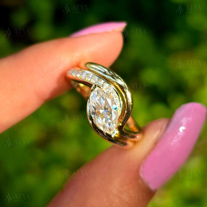 East-West Marquise Cut Moissanite Bridal Ring Set Unique Side Halo Design Wedding Ring Set