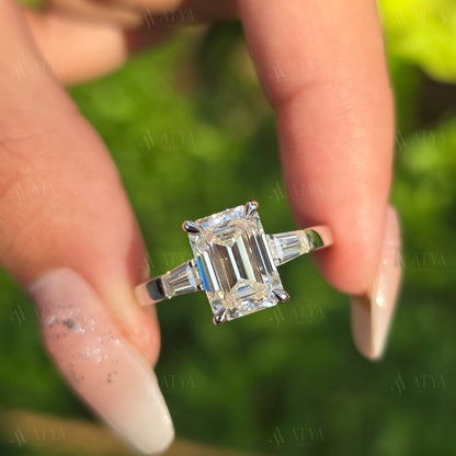 Emerald Cut Three Stone Ring 3.00 CT Emerald Cut Colorless Moissanite Engagement Ring Side Tapered Baguette Cut Proposal Anniversary Gift