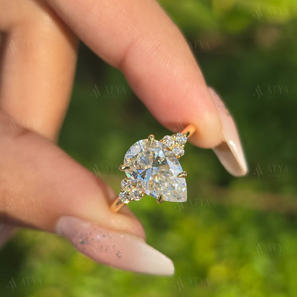 3.00 CT Pear Cut Moissanite Engagement Ring Cluster Moissanite Bridal Ring Anniversary Ring Promise Ring