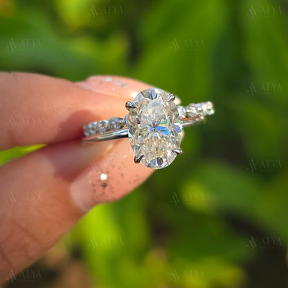 4.00 CT Oval Cut Moissanite Wedding Ring Set Unique Hidden Halo Anniversary Ring Set For Wife Bubble Half Eternity Band Promise Ring For Her