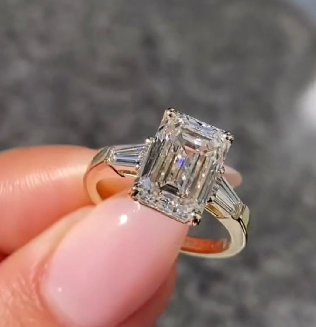 3.00 CT Emerald Cut Moissanite Three Stone Engagement Ring