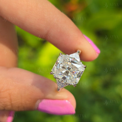 3.50 CT Radiant Cut Moissanite Stone Engagement Ring With Side Triangle Three Stone Best Minimalist Classic Wedding Ring