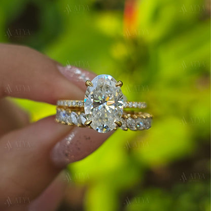 3.50 CT Oval Cut Moissanite Engagement Ring Set, Hidden Halo Wedding Ring Set Round Cut Bezel Set Matching Band