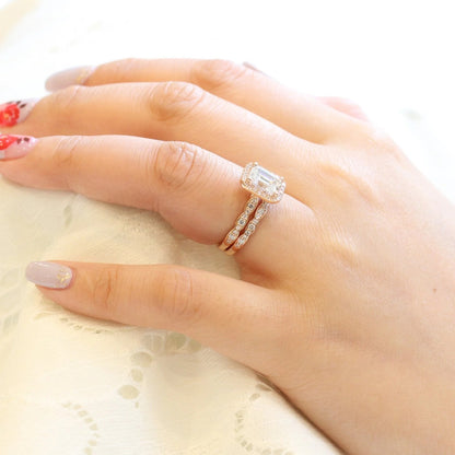 1.50 CT Emerald Cut Moissanite Halo Bridal Wedding Ring Set