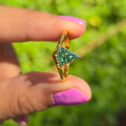 Blue Green Kite Cut Moissanite Diamond Engagement Ring Bypass Set Colored Solitaire Ring Unique Anniversary Gift