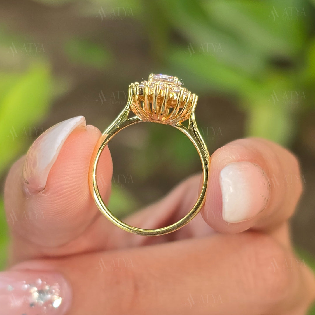 Unique Round Cut Starbust Moissanite Engagement Ring 14K Solid Gold Hidden Halo Promise Ring Side