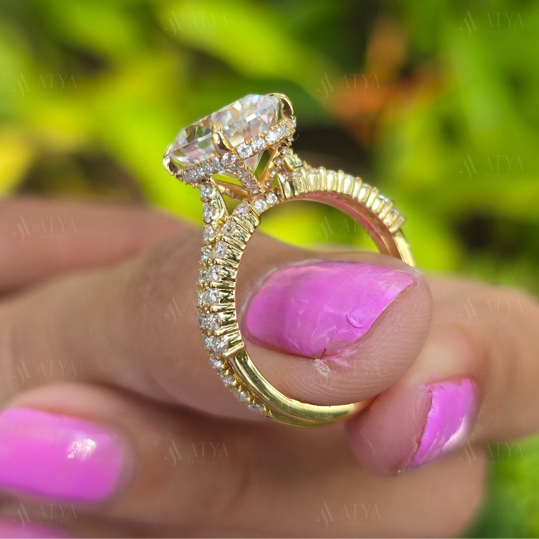 4.00 CT Oval Moissanite Wedding Bridal Set Ring Oval Cut Engagement Ring Set with Eternity Diamond Matching Band Hidden Halo Ring