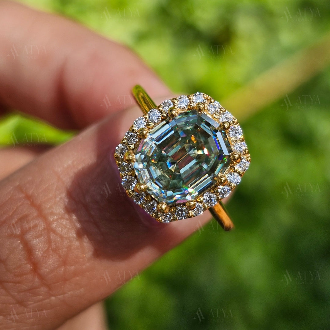 Green Octagon Cut Moissanite Diamond Ring Step Cut Engagement Ring Halo Colored Solitaire Ring Unique Anniversary Gift