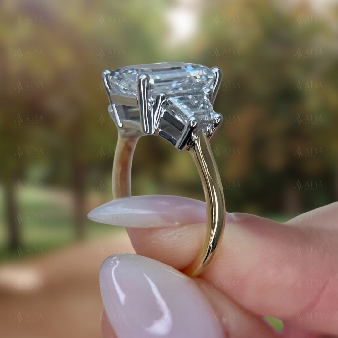 2.50 CT Emerald Cut IGI Certified Lab Grown Diamond Three Stone Engagement Ring Side Trapezoids Diamond Ring