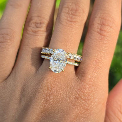 3.50 CT Oval Cut Moissanite Engagement Ring Set, Hidden Halo Wedding Ring Set Round Cut Bezel Set Matching Band