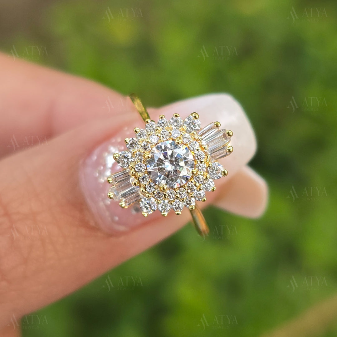 Unique Round Cut Starbust Moissanite Engagement Ring 14K Solid Gold Hidden Halo Promise Ring Side