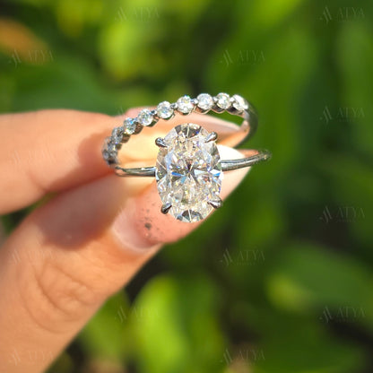 4.00 CT Oval Cut Moissanite Wedding Ring Set Unique Hidden Halo Anniversary Ring Set For Wife Bubble Half Eternity Band Promise Ring For Her