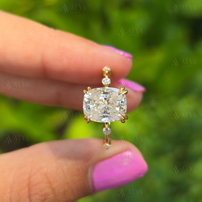 3.50 CT Elongated Cushion Cut Moissanite Engagement Ring Double Claw Prong Hidden Halo Distance Pave Set Anniversary Ring