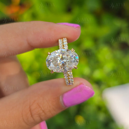 4.00 CT Oval Moissanite Wedding Bridal Set Ring Oval Cut Engagement Ring Set with Eternity Diamond Matching Band Hidden Halo Ring