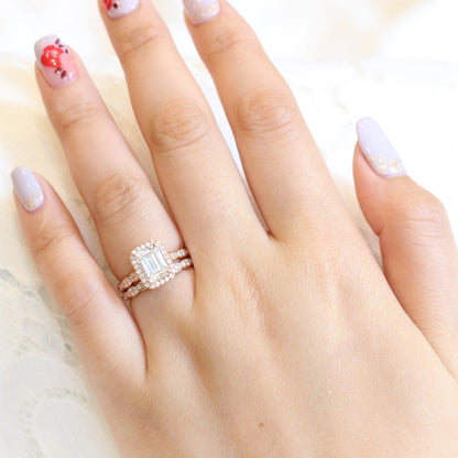 1.50 CT Emerald Cut Moissanite Halo Bridal Wedding Ring Set