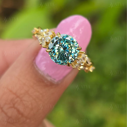 Vintage 2.50 CT Cyne Blue Portuguese Cut Moissanite Engagement Ring Side Marquise Diamond Nature Inspired Moissanite Ring