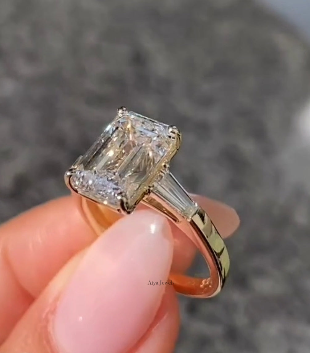 3.00 CT Emerald Cut Moissanite Three Stone Engagement Ring