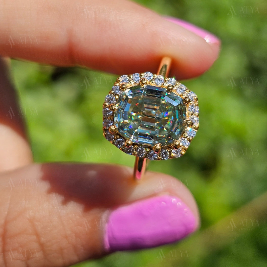 Green Octagon Cut Moissanite Diamond Ring Step Cut Engagement Ring Halo Colored Solitaire Ring Unique Anniversary Gift