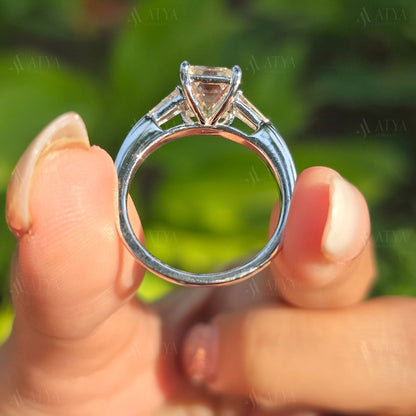 Emerald Cut Three Stone Ring 3.00 CT Emerald Cut Colorless Moissanite Engagement Ring Side Tapered Baguette Cut Proposal Anniversary Gift