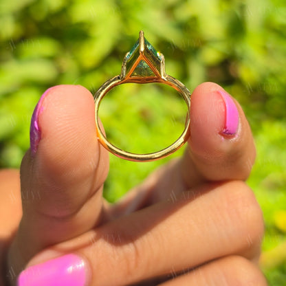 Blue Green Kite Cut Moissanite Diamond Engagement Ring Bypass Set Colored Solitaire Ring Unique Anniversary Gift