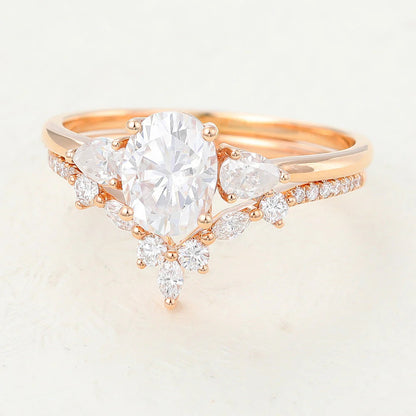 2.00 CT Oval Cut Moissanite Three Stones Bridal Ring Set