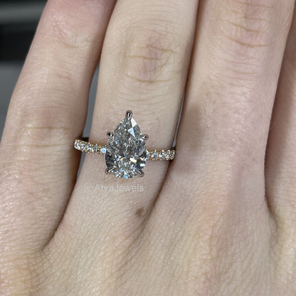 2 CT Pear Cut Hidden Halo Lab Grown Diamond Engagement Ring For Women