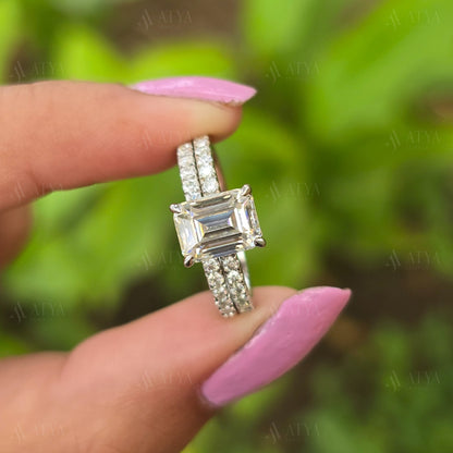 2.50 CT Emerald Cut Moissanite Brdial Ring Set For Her Wedding & Engagement Ring Set Proposal Ring