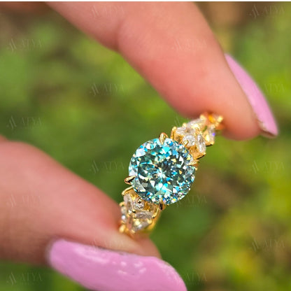 Vintage 2.50 CT Cyne Blue Portuguese Cut Moissanite Engagement Ring Side Marquise Diamond Nature Inspired Moissanite Ring