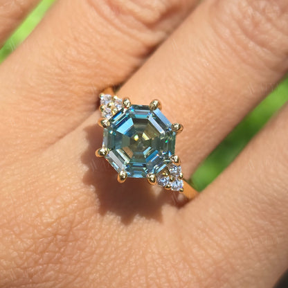 2.50 CT Blue Green Octagon Cut Moissanite Engagement Ring Cluser Moissantie Ring Promise Ring Anniversary Ring