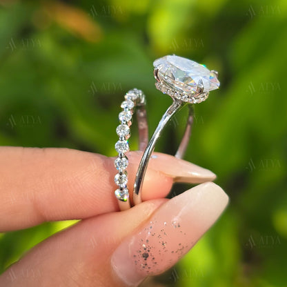 4.00 CT Oval Cut Moissanite Wedding Ring Set Unique Hidden Halo Anniversary Ring Set For Wife Bubble Half Eternity Band Promise Ring For Her