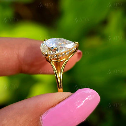 3.00 Pear Cut Split Shank Moissantie Engagement Ring Hidden Halo Anniversary Ring Gift Ring For Her
