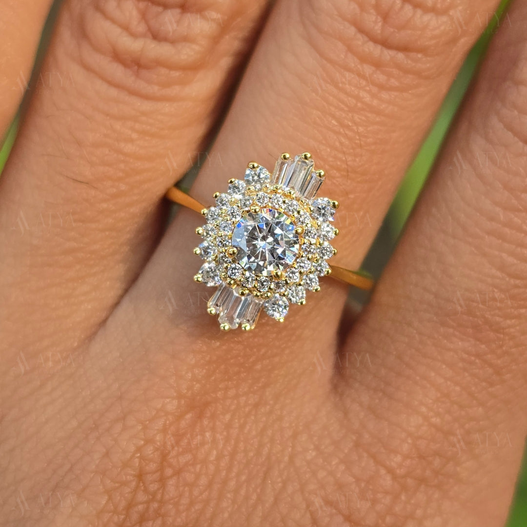 Unique Round Cut Starbust Moissanite Engagement Ring 14K Solid Gold Hidden Halo Promise Ring Side