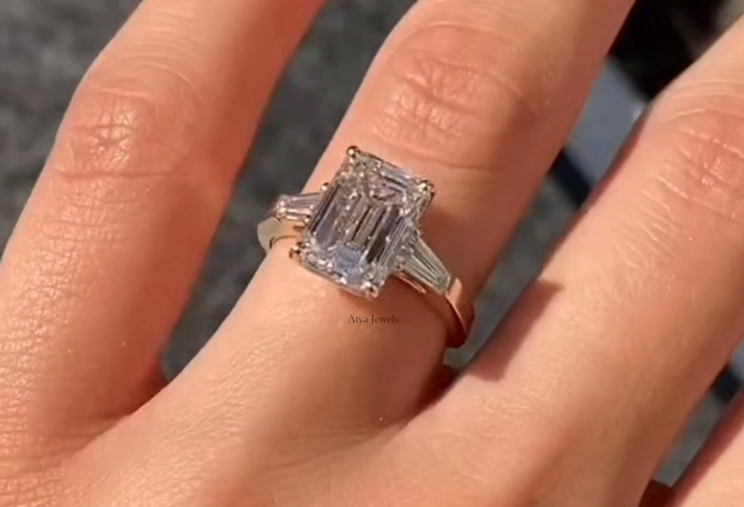 3.00 CT Emerald Cut Moissanite Three Stone Engagement Ring