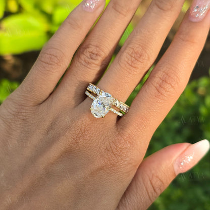 3.50 CT Oval Cut Moissanite Engagement Ring Set, Hidden Halo Wedding Ring Set Round Cut Bezel Set Matching Band