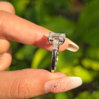 Emerald Cut Three Stone Ring 3.00 CT Emerald Cut Colorless Moissanite Engagement Ring Side Tapered Baguette Cut Proposal Anniversary Gift