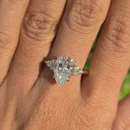 3.00 CT Pear Cut Moissanite Engagement Ring Cluster Moissanite Bridal Ring Anniversary Ring Promise Ring