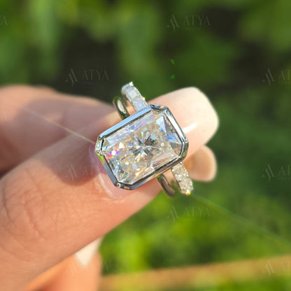 4.00 CT Radiant Cut Moissanite Bezel Set Engagement Bridal Set Ring for Women Pave Set Wedding Band Ring Gift for Her