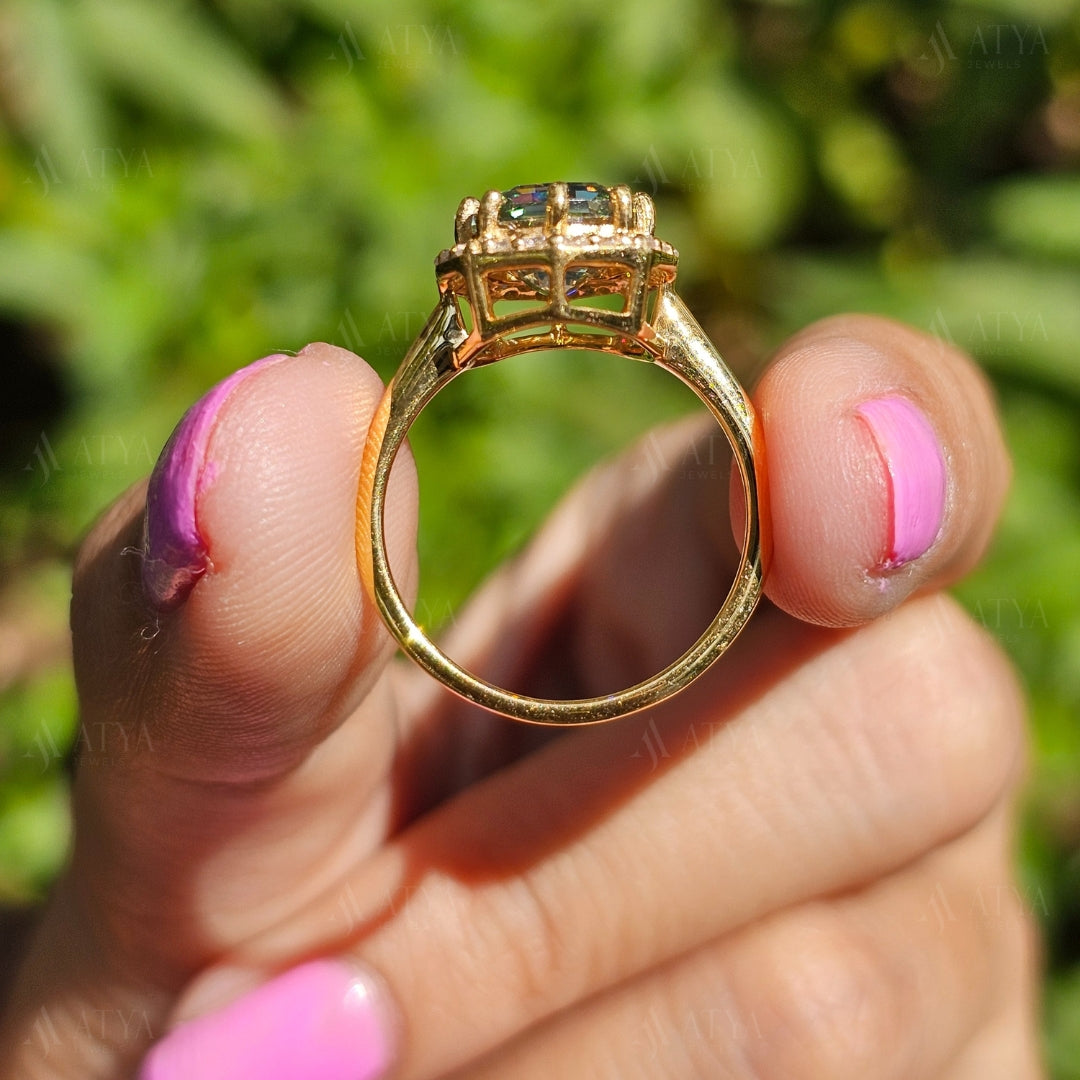 Green Octagon Cut Moissanite Diamond Ring Step Cut Engagement Ring Halo Colored Solitaire Ring Unique Anniversary Gift