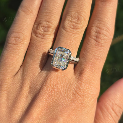 4.00 CT Radiant Cut Moissanite Bezel Set Engagement Bridal Set Ring for Women Pave Set Wedding Band Ring Gift for Her