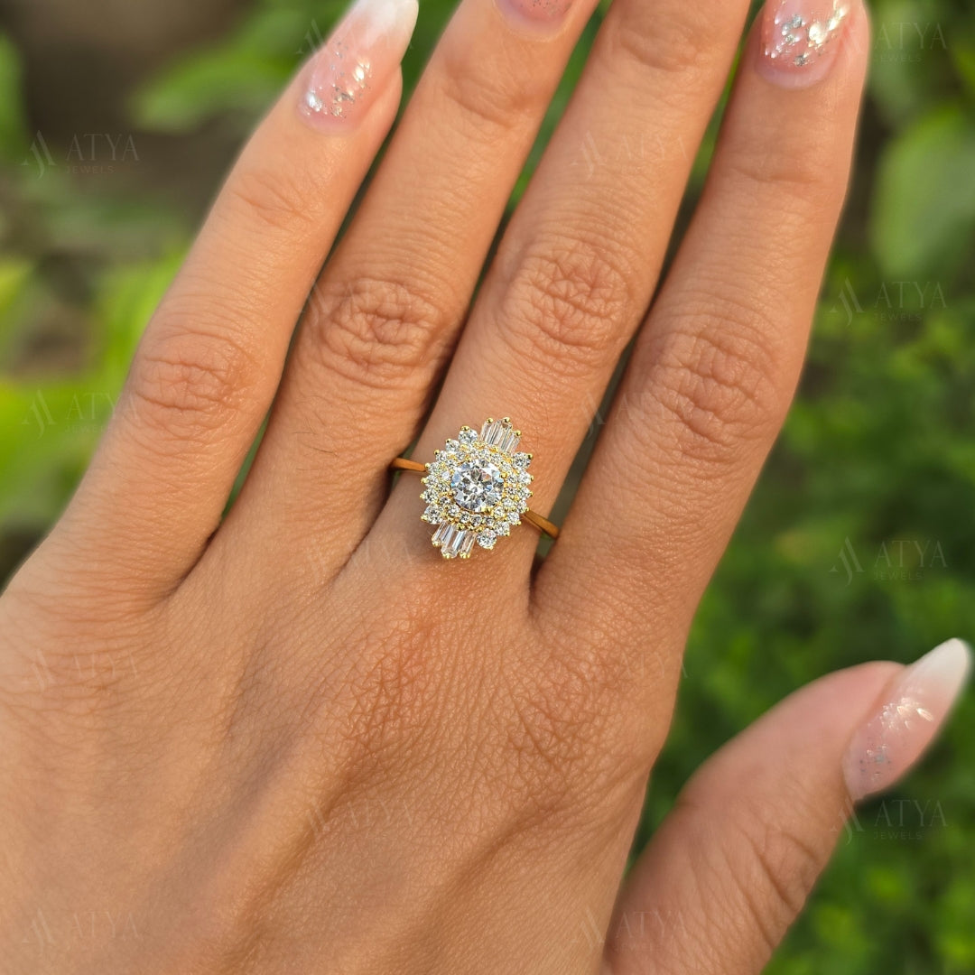 Unique Round Cut Starbust Moissanite Engagement Ring 14K Solid Gold Hidden Halo Promise Ring Side