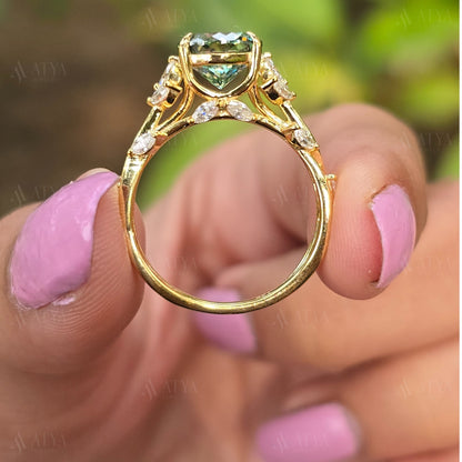 Vintage 2.50 CT Cyne Blue Portuguese Cut Moissanite Engagement Ring Side Marquise Diamond Nature Inspired Moissanite Ring