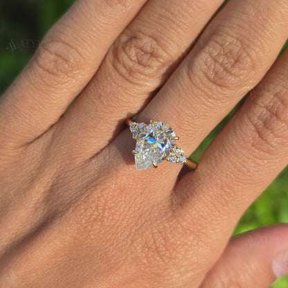 3.00 CT Pear Cut Moissanite Engagement Ring Cluster Moissanite Bridal Ring Anniversary Ring Promise Ring