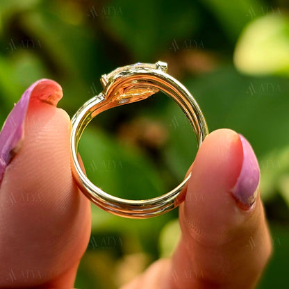 East-West Marquise Cut Moissanite Bridal Ring Set Unique Side Halo Design Wedding Ring Set