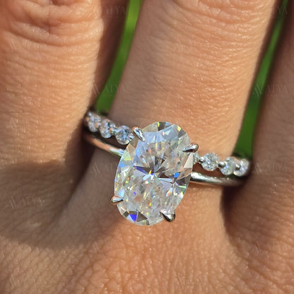 4.00 CT Oval Cut Moissanite Wedding Ring Set Unique Hidden Halo Anniversary Ring Set For Wife Bubble Half Eternity Band Promise Ring For Her