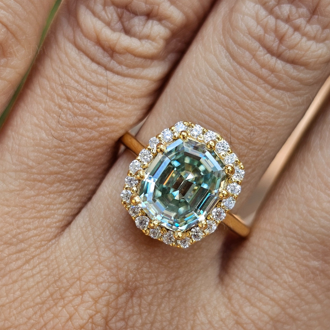 Green Octagon Cut Moissanite Diamond Ring Step Cut Engagement Ring Halo Colored Solitaire Ring Unique Anniversary Gift