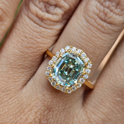 Green Octagon Cut Moissanite Diamond Ring Step Cut Engagement Ring Halo Colored Solitaire Ring Unique Anniversary Gift