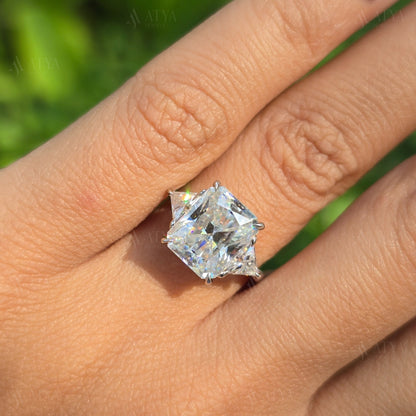 3.50 CT Radiant Cut Moissanite Stone Engagement Ring With Side Triangle Three Stone Best Minimalist Classic Wedding Ring