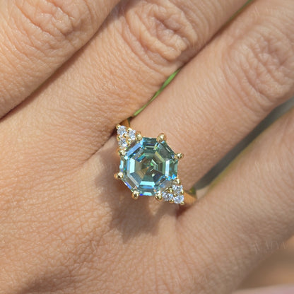 2.50 CT Blue Green Octagon Cut Moissanite Engagement Ring Cluser Moissantie Ring Promise Ring Anniversary Ring